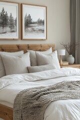 Cozy bedroom with neutral decor featuring natural wood elements and serene artwork of trees