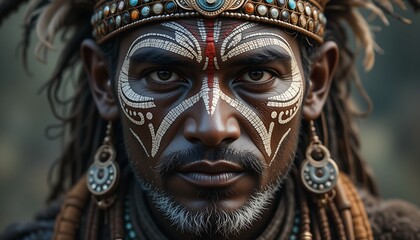 A tribal man with intricate face paint, adorned with traditional jewelry and headgear, reflecting deep cultural heritage.
