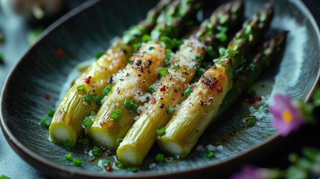 Grilled asparagus garnished with herbs and spices served on a rustic plate, capturing a vibrant culinary experience