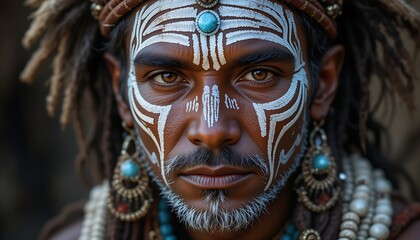 A tribal man with intricate face paint, adorned with traditional jewelry and headgear, reflecting deep cultural heritage.
