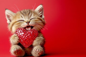 Cute munchkin kitty with sparkling rhinestones red heart - sign of love, funny greeting card. Marketing conceptual art. Munchkin - my cherished cat. Valentine's decor cat. Red pet concept.