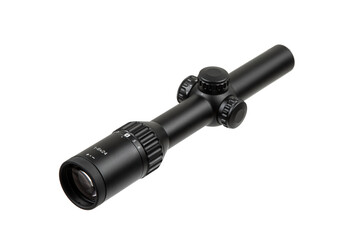 A black rifle scope with adjustment knobs and magnification settings, ideal for precision shooting and hunting. Isolate on white back