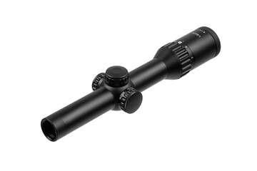 A black rifle scope with adjustment knobs and magnification settings, ideal for precision shooting and hunting. Isolate on white back