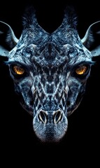 Naklejka premium Symmetrical giraffe portrait on dark background, intense stare, wildlife image