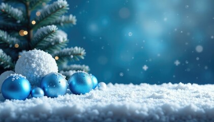 Fototapeta premium A snow-covered table with blue and white decorations, blue, snowy