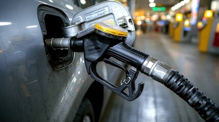 Fuel nozzle inserting into car's fuel tank at gas station.