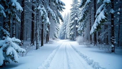 Obraz premium A snow-covered forest path winds through the trees, snowy forest path, wintery scenery