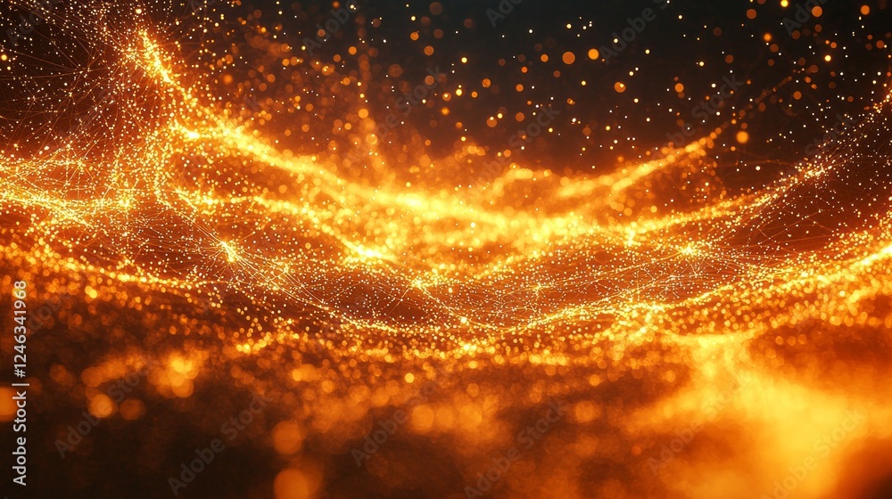 Poster A mesmerizing display of glowing particles swirls through the cosmos, creating a warm, enchanting atmosphere. Ethereal lights twinkle and shimmer, evoking a sense of wonder and magic