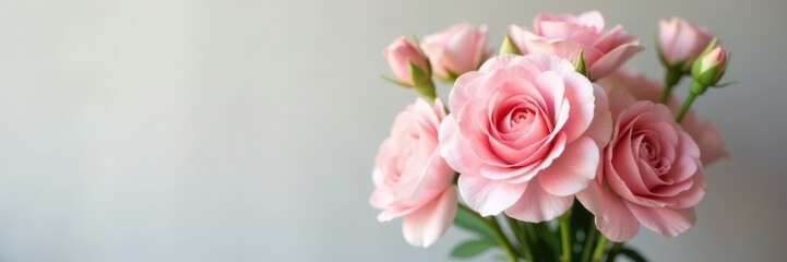 A small bouquet of soft blush-colored flowers and pale pink carnations with some greenery, small bouquet, pink carnations