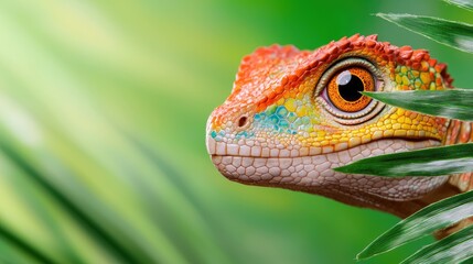 Fototapeta premium Vibrant colorful lizard peeking through lush green leaves in a tropical rainforest.