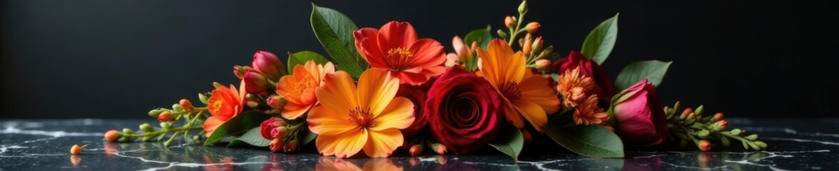 Fototapeta premium An artistic arrangement of orange and burgundy flowers on a marble tabletop against a dark background, flowers, , luxurious