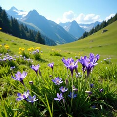 Obraz premium Alpine meadow landscape with Scilla bifolia alpine squill, flowering plants, alpine meadow
