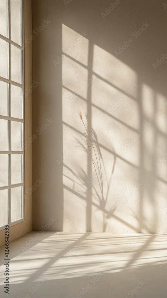 Poster Golden sunlight streams through large windows, casting gentle shadows on an empty wall. Delicate plant silhouettes create an inviting atmosphere filled with tranquility