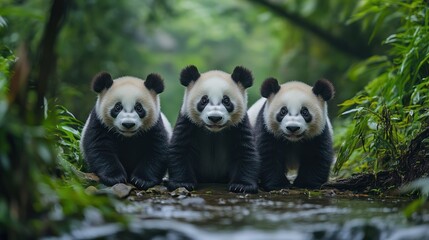 Obraz premium Three pandas sitting by a stream in a lush forest.