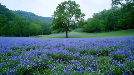 A Majestic Tree Surrounded by a Vibrant Field of Bluebell Flowers in Nature