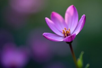 Fototapeta premium Tiny purple flower unfurls delicate petals slowly, purple, spring, closeup