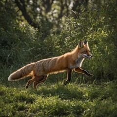 Fototapeta premium A red fox leaping through the undergrowth in pursuit of prey.