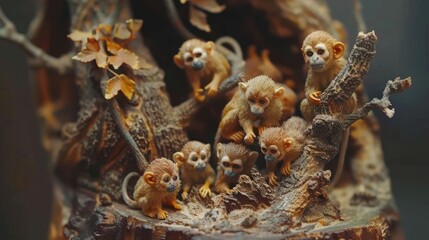 Obraz premium A group of playful monkeys gathered around a tree stump in a lush forest setting