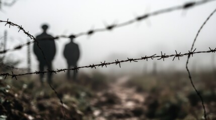 Soldiers in historic military gear in a foggy trench, surrounded by barbed wire, symbolizing wartime resilience and the legacy of combat history.