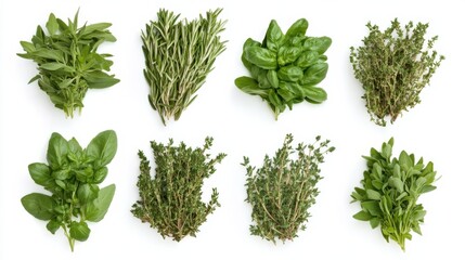 Obraz premium Assorted fresh herbs collection isolated on white: basil, rosemary, thyme, sage
