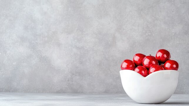 Red apples in bowl on grey background; food blog, recipe