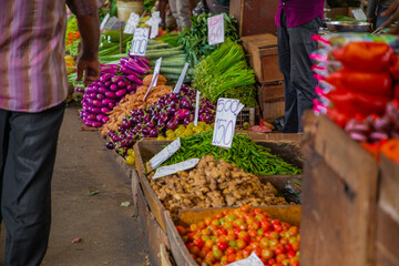 wide variety seasonal vegetables and fruits Crowded central food Market Colombo.