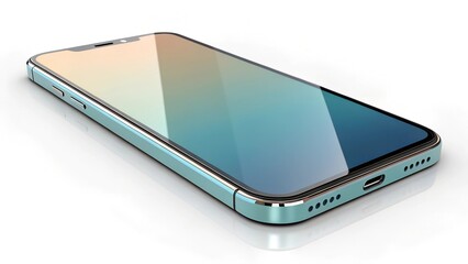 The image depicts a modern smartphone lying flat on a white surface