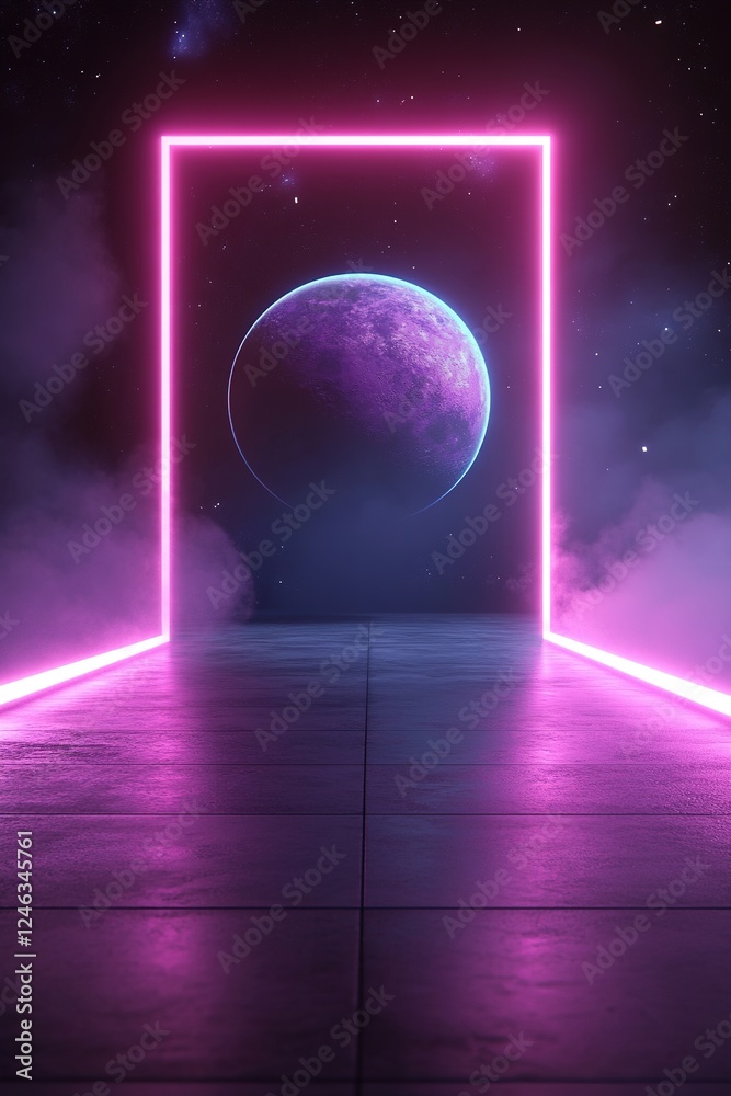 Sticker Dark cosmic backdrop features a glowing planet in the distance, enclosed by bright neon grid lines. Soft-focus digital elements enhance the modern aesthetic, perfect for futuristic themes