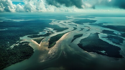 Aerial view showcasing a serene river winding through a vibrant and lush green forest landscape, highlighting the beauty of nature's tranquility.