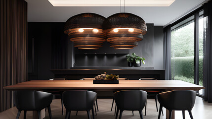 A_modern_dining_area_with_a_long_wooden_table_elegant