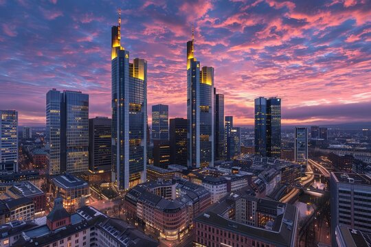 Majestic skyline of Frankfurt at sunset, showcasing modern skyscrapers and vibrant clouds
