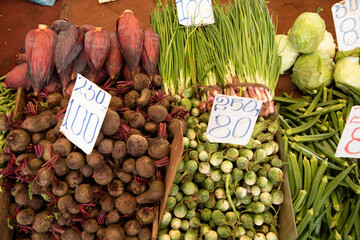 wide variety seasonal vegetables and fruits Crowded central food Market Colombo.