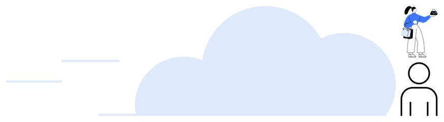 Woman holding a coffee cup stands on a cloud positioned above a human icon, conveying creativity and aspirations. Ideal for illustrating dreams, imagination, brainstorming, innovative thinking, goal