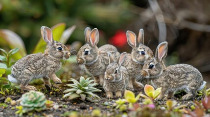 Fototapeta premium A group of playful rabbits exploring a vibrant garden filled with various plants and flowers