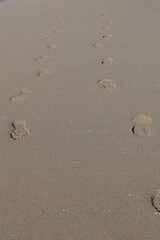 Footprints in the sand on the beach, closeup of photo