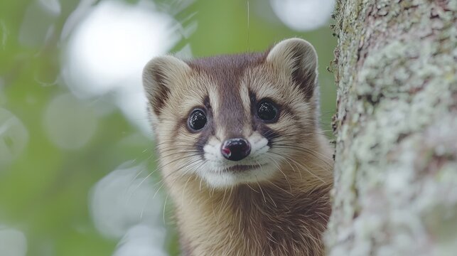 Curious Olingo peeking from tree trunk in rainforest
