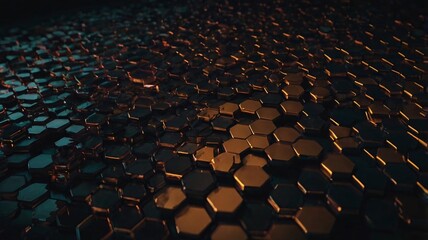 Obraz premium A textured surface of interlocking hexagons in dark tones with hints of golden orange light reflecting off them.