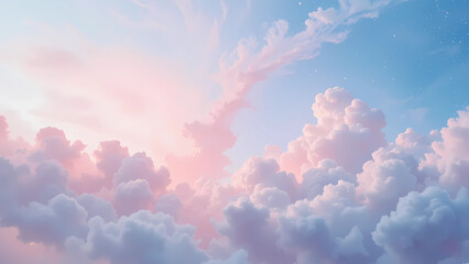 Fototapeta premium Dreamy pink and blue clouds under a soft pastel sky with sunlight and serene atmosphere for abstract and artistic design