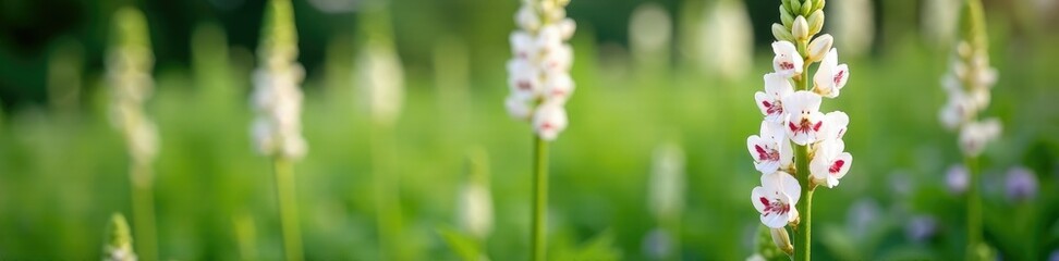 Tall white flowers with tubular shape and red spots, plant, garden