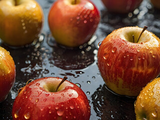 Juicy Red Apples:  A vibrant cluster of fresh red apples, glistening with dewdrops, rests on a dark surface.