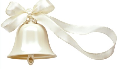 White wedding bell with satin ribbon bow isolated on white background, ideal for wedding announcements