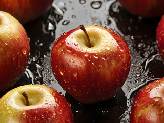 Juicy Red Apples with Water Droplets: Close-up shot of several glistening red apples, adorned with water droplets, arranged on a dark, reflective surface.