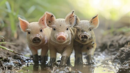 Three adorable piglets playfully wade through a muddy puddle in a lush green setting