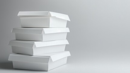 Stack of white lunch delivery paper boxes gray background