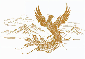 Obraz premium Celestial Harmony: Golden Phoenix and Deity in Chinese Line Art