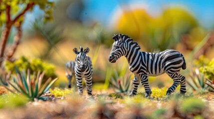 Two toy zebras interact in a vibrant miniature landscape with blurred greenery in the background