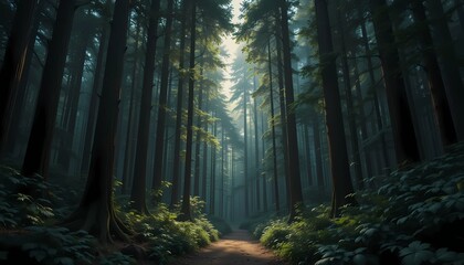 Fototapeta premium Dark forest with towering trees and a narrow path leading into the wilderness 