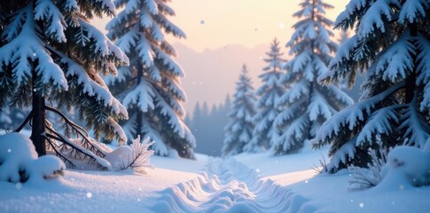 Fototapeta premium Snowflakes gently falling on a serene winter landscape, frozen trees, forest