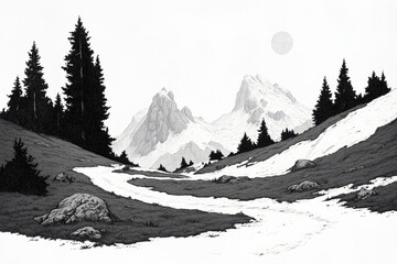 Mountain Path in Monochrome: A serene grayscale illustration depicting a winding path through a snow-dusted mountain valley, with majestic peaks rising in the background under a pale moon.