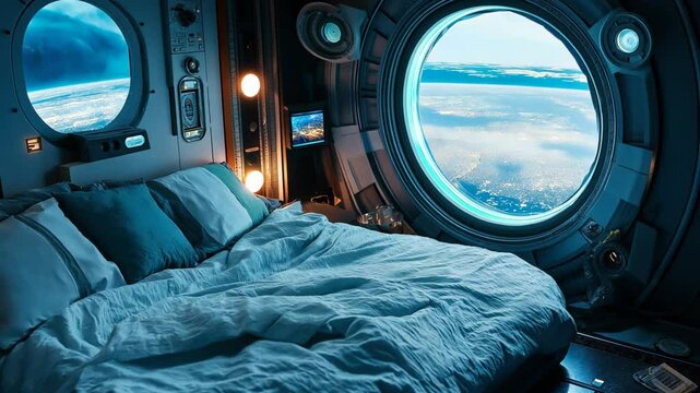 futuristic bed room on spaceship with space view outside window 